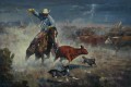 vaquero atrapando ganado en tormenta